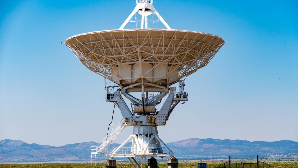 A wide-angle view of a large radio observatory array.